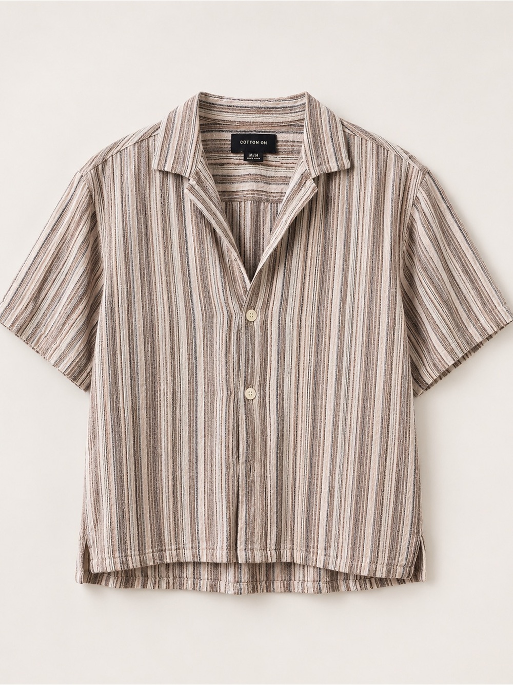Cotton On Men’s Striped Short-Sleeve Button-Down in Beige and Brown